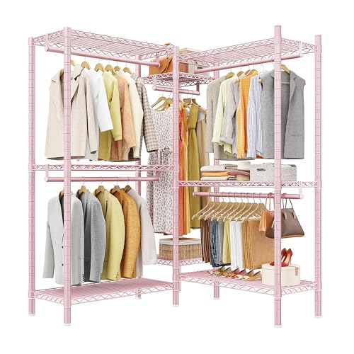 Raybee Clothes Rack, Clothing Racks for Hanging Clothes, L Shaped Clothing Rack for Corner 900LBS Heavy Duty Clothes Rack Garment Rack 74.5" W X 18" D X 77" H, Pink - color: Pink, style: Large Clothes Rack