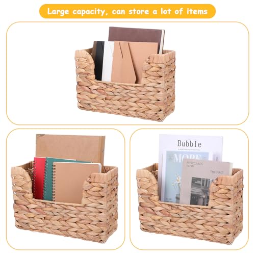 Woven Hanging Magazine Holder Water Hyacinth Magazine Basket Wall Mounted Woven Mail Organizer Wicker Storage Box with Handle Newspaper Rack Decorative for Home Office
