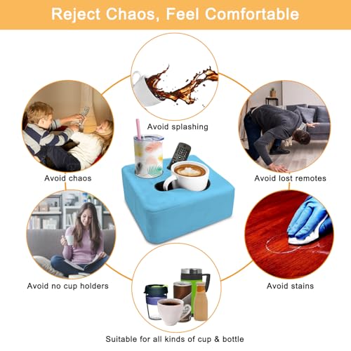 Couch Cup Holder Pillow Tray & Caddy - for Sofa, Bed, Car, Man Cave | Keep Drinks at Hand & Spill-Proof Accessories for New Parents, Camping, Park, Boat, Beach - Blue - color: Blue, size: 9.4" x 9.4" x 3.9"