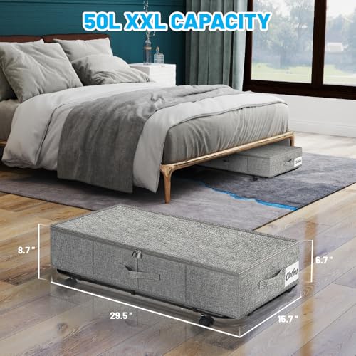 Large Sturdy Under Bed Storage with Wheels, 2 Pack 50L Rolling Underbed Storage Bins, Under Bed Containers Drawer with Metal Bottom Support, Bedroom Organizer with Lids for Clothes, Shoes, Blankets - color: Grey-2 Pack, size: 9 Inch Tall - Regular Lid