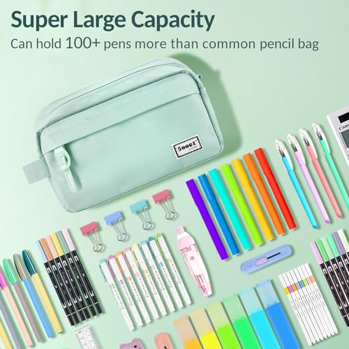 Sooez Original High Capacity Pencil Case, Big Pencil Bag Pouch Box Organizer Pen Case, Aesthetic Supply for Girls Adults, Portable Journaling Supplies with Easy Grip Handle & Loop, Mint Green - color: Mint Green