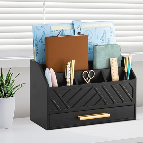 dreampossible Black Wood Desk Organizer and Accessories with Drawer, Bill Mail Organizer and File Mail Holder for Office Supplies, Modern Desk Accessories & Workspace Organizers for Desk Organization - color: Black A