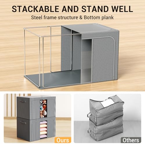 Clothes Storage Bins with Metal Frame, Foldable Clothes Organizers Storage Containers for Clothes, Sheets, Blankets, Pillows and Towels （66L, 3 Pack, Deep Grey - color: dark gray, size: 66L（19.7“X15.7"X13"）