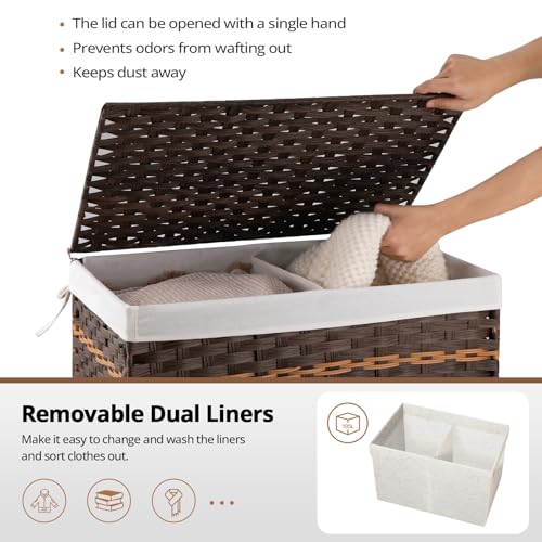 OIAHOMY Storage Basket with Lid, 27.7 Gallon (105L) Blanket Basket with Removable Liner Bag, Synthetic Wicker Hamper with Handle, Hamper for Living Room, Brown - color: Brown, size: 105L