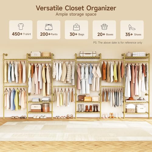 H6 Wall Mounted Closet System, Industrial Pipe Clothes Rack Clothing Racks with 6 Telescopic Rods & 3 Fixing Rods & 9 Shelves, Heavy Duty Closet Organizers and Storage in Wardrobe Closet (Gold) - color: Gold