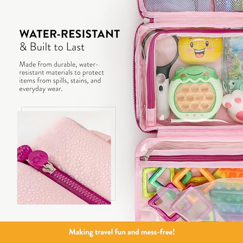 Kids Travel Organizer – Multi-Compartment, Water-Resistant Hanging Bag for Toys, Snacks, & Activities - Compact, Lightweight Design with Hook & Carry Handle - Perfect for Travel Use (Pink, Large) - color: Pink, size: Large
