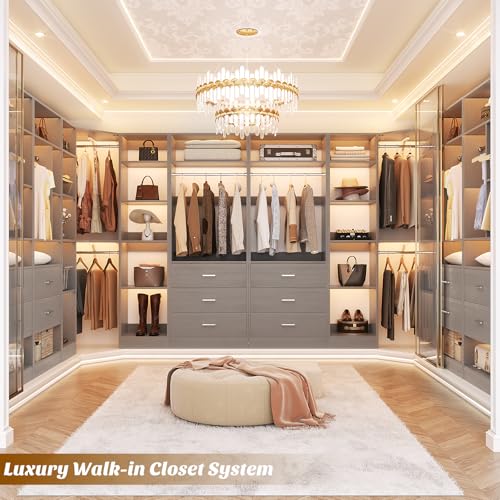 Besiost Corner Closet System with 5 Drawers, Closet Organizer System with 15+Shelvess & 4 Hanging Rods, 63.2"L * 63.2"W / 87.2"L * 39.2"W Reversible L Shaped Walk-in Closets, Load 2500+LBS, Grey - color: Grey, size: 63.2" * 63.2"