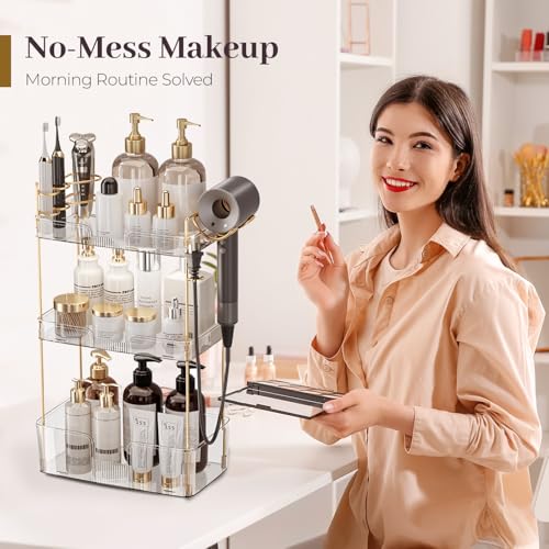 Bathroom Counter Organizer Countertop, 3 Tier Makeup Perfume Storage with Hair Dryer Rack and Toothbrush Holder, Cosmetic Tray for Vanity - Clear - color: Pearl White, size: 3 Tier-New