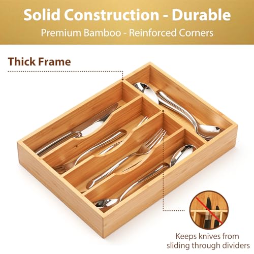Umilife Bamboo Kitchen Drawer Organizer, 11 Inch Silverware Utensils Tray Holder with Grooved Dividers, 2.4" High Wood Caddy for Flatware Cutlery Knives - size: 11 x 14 inch (5 Slots)
