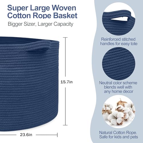 MEGASKET 115L Dark Blue Basket for Organizing, 23.6" x 15.7" XXXL Woven Cotton Rope Laundry Basket, Oversized Blanket Storage for Living Room Bedroom, Kids Toy Box Organizer, Pool Towel Storage Bin - color: Dark Blue, size: 23.6"x23.6"x15.7"