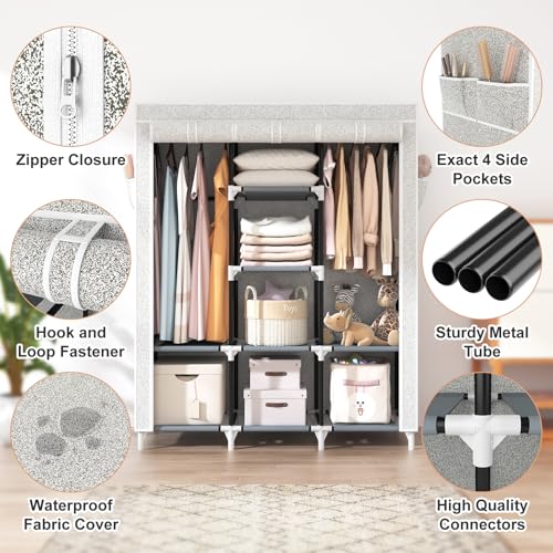 VTRIN Portable Closet Wardrobe for Hanging Clothes with 2 Hanging Rods and 8 Storage Organizer Shelves,Free Standing Clothes Rack with Cover Sturdy Large Wardrobe Closet for Bedroom,Printing - color: Printing, size: 3 Row - 49'' Wide