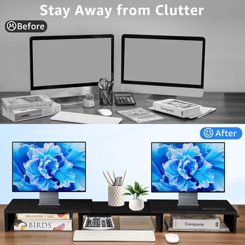 La Jaco Dual Monitor Stand Riser for 2 Monitors, Monitor Stand for Desk, Adjustable Length & Swivel Angle Wooden Desktop Organizer Stand Riser with Smartphone Holder for PC Monitor Laptop, Black - color: Black