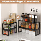 Adjustable Kitchen Countertop Organizer, 2-Tier Expandable Cabinet Counter Shelves, Heavy Duty Steel Pantry Organizers and Storage Shelf Rack Stand Riser, Adjustable Length & Height, Black