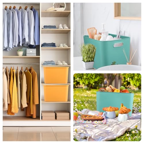 Hoolerry 8 Pieces Colorful Storage Bins with Lid, Plastic Storage Basket Organizing Container Stackable Box with Handle for Shelves Desktop Playroom Office(14.2 x 10.2 x 9.5 Inch,Green and Yellow) - color: Green and Yellow, size: 14.2 x 10.2 x 9.5 Inch