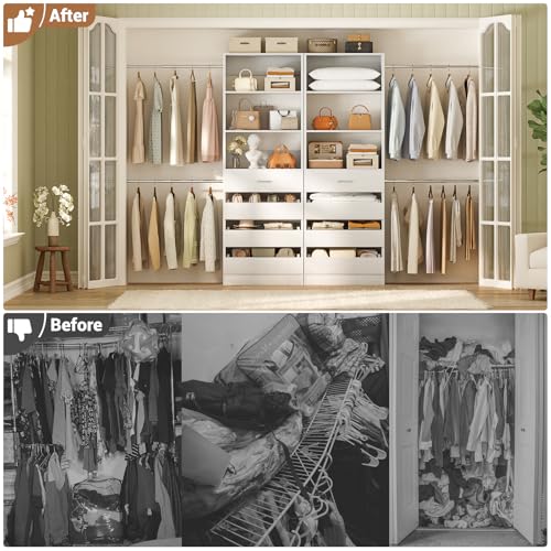 Aheaplus Closet System, 6-15Ft Closet Organizer with 8 Wooden Drawers, Wood Closet Organizer System with Tower, Walk-in Closet Organizer Wardrobe Clothes Rack with 4 Hanging Rods, Garment Rack, White - color: White