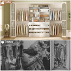 Aheaplus Closet System, 6-15Ft Closet Organizer with 8 Wooden Drawers, Wood Closet Organizer System with Tower, Walk-in Closet Organizer Wardrobe Clothes Rack with 4 Hanging Rods, Garment Rack, White - color: White