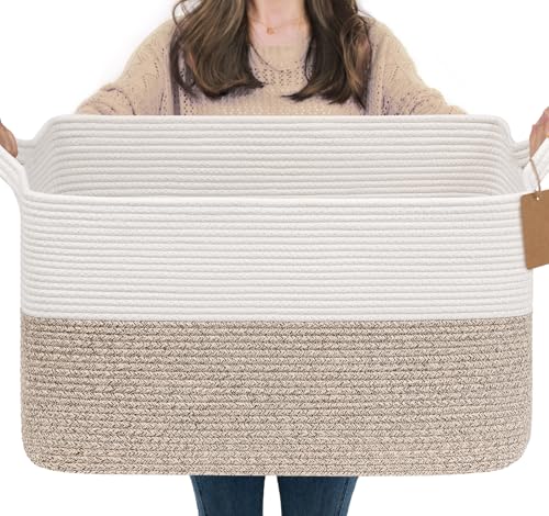 Goodpick Woven Storage Basket, 22”x17”x12” Large Blanket Storage for Living Room, Rope Baskets for Organizing, Rectangle Nursery Toy Box With Handles, Brown and White - color: Light Brown, size: 22"L x 17"W x 12"H