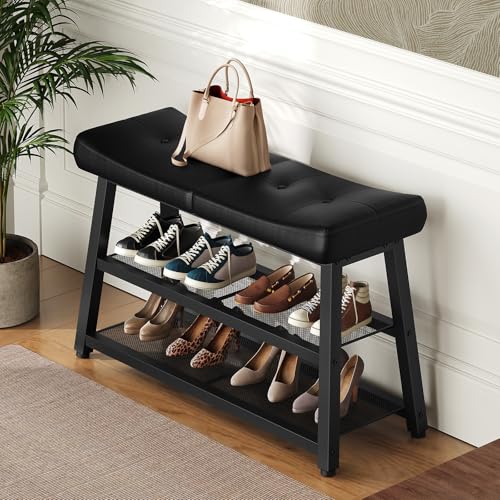 YATINEY Shoe Bench, 3-Tier Shoe Rack, Entryway Bench with Storage and Cushion, for Hallway, Foyer, Bedroom, Black HX02BB - color: Black