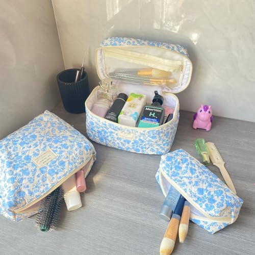 Blue Large Quilted Floral Makeup Bag Set of 3 Cute Coquette Aesthetic Cosmetic Bag Set Travel Toiletry Bag for Women - color: B-3Pcs Blue