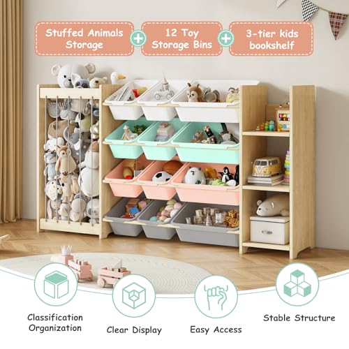 EXPERLAM 3-in-1 Toy Storage Organizer, Stuffed Animal Holder & 3-Tier Bookcase, Solid Wood Toy Organizer with 12 Storage Bins, Space-Saving Toy & Book Shelf for Kids Rooms, Bedroom, Playroom, Multi - color: Multi Color