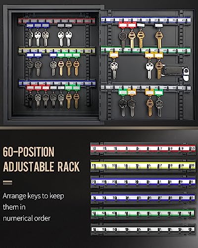 Uniclife 60 Position Key Cabinet Steel Security Storage Box with Combination & Key Lock, Resettable, Digital, Adjustable Racks, Colorful Labels & Hooks - color: Black, size: 60 Keys