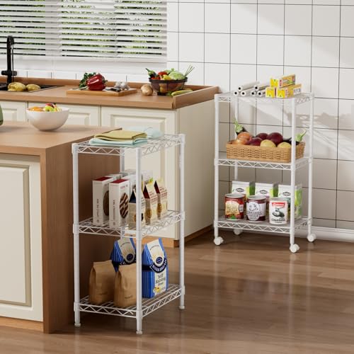 Golpart Small 3 Tier Shelves Storage Wire Shelving Unit Metal Shelf Adjustable Organizers Storage Shelving with Wheels for Bathroom Laundry Room Kitchen Pantry12”D x 18”W x 30.7”H White - color: White, size: 3 shelves (12 "D X 18 "W X 30.7 "H)
