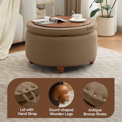 WUTUTUEE 30Inch Round Storage Ottoman with Tray, Modern Tufted Fabric Circle Coffee Table with Storage, Upholstered Ottoman with Removable Top for Living Room, Bedroom, Brown - color: Brown, size: 30 Inch