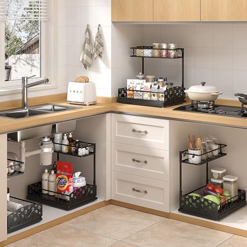 Sevenblue 3 Pack Under Sink Organizers, 2-Tier Multi-Use Kitchen and Bathroom Organizers and Storage with Sliding Drawers, Bathroom Cabinet Organizer (Metal, 2 Pack, 14.8 Inch)