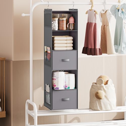 YOUDENOVA Hanging Closet Organizer, 5 Tier Hanging Closet Shelves with 6 Side Pockets and 2 Drawers, Grey - color: Grey