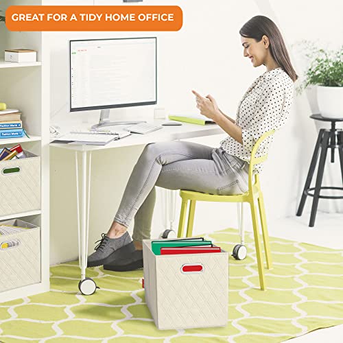 FH Group JIAessentials 13" Faux Leather Foldable Storage Cube Bins Set of 2 – Beige Diamond Patterned Organizers with Handles for Closet & Shelves - color: Beige, size: Large