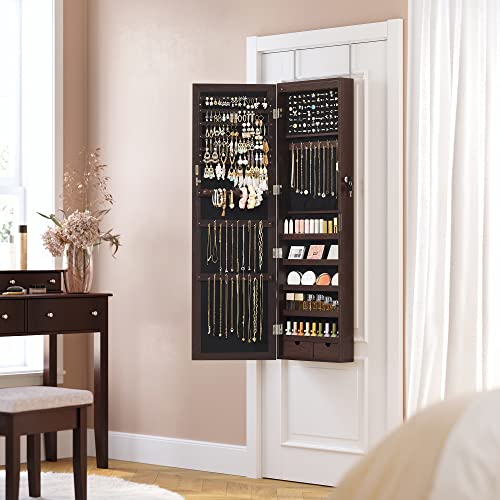 SONGMICS 6 LEDs Mirror Jewelry Cabinet, 47.2-Inch Tall Lockable Wall or Door Mounted Jewelry Armoire Organizer with Mirror, 2 Drawers, 3.9 x 14.6 x 47.2 Inches, Brown UJJC93K - color: Brown
