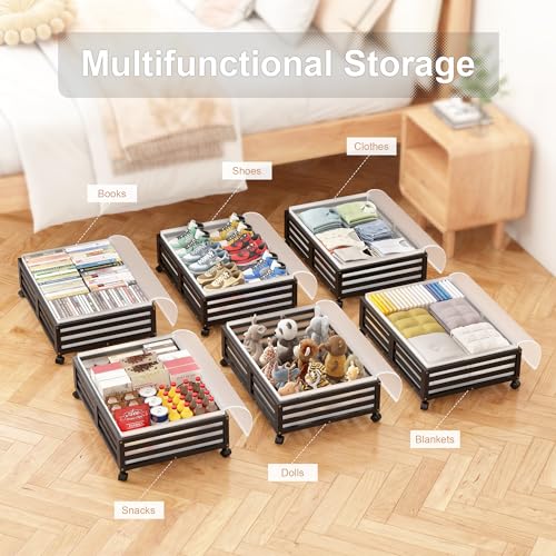 Under Bed Storage Containers With Wheels - 2 Pcs Bamboo Wood Rolling Underbed Shoe Storage Bins With Dust Bags for Clothes Blankets, Duvet Covers Snacks Toys (Black) - color: Black, size: M