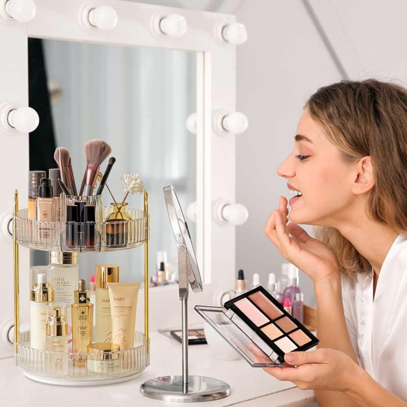 shuang qing Rotating Makeup Organizer for Vanity, High-Capacity Skincare Clear Make Up Storage Perfume Organizers Cosmetic Dresser Organizer Countertop 360 Spinning (Clear, New-2 Tier) - color: Clear, size: New-2 Tier
