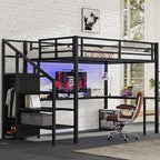 Bellemave Queen Loft Bed with Desk & Wardrobe, Heavy Duty Metal Loft Beds Frame with Storage Stairs, LED Loft Bed Queen Size with Charging Station & Safety Guardrails, No Box Spring Needed, Black - color: Black, size: Queen