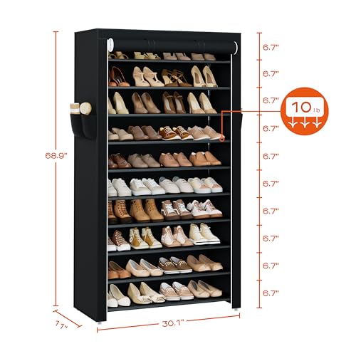 CASAMAYA Shoe Rack with Covers, 10 Tiers Tall Shoe Rack Organizer, Large Capacity Shoe Shelf Storage, Hold 40 Pairs of Shoes, Vertical Shoe Storage Organizer for Closet, Entryway, Black, SRT104B01 - size: 30.1"W - 10 Tier