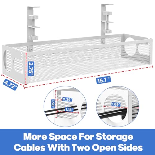 Under Desk Cable Management Tray No Drill 15.1’’, Metal Mesh Cable Management Box with Hybrid Side Slots & Reinforced Basket,Adjustable Cable Tray with Wire Management for Office Home,1 Pack (White) - color: White