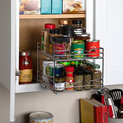 2 Tier Pull-Out Cabinet Spice Rack Organizer - Slim Slide-Out Storage for Spices, Bottles & Jars, Premium Heavy-Duty Steel, Easy Install for Narrow Kitchen Cabinets -10-1/2"Wx10-3/8"Dx8-7/8" H, Chrome - size: 10 Inch-Double