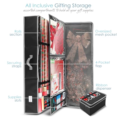 Hearth & Harbor Wrapping Paper Storage Container with Ribbon Storage Organizer - Christmas Storage Bag with Extra Interior Pockets - Gift Wrapping Organizer Storage Fits Up to 26 Rolls of 40" Length - color: Black, size: Large