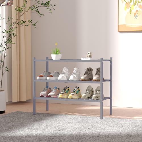 ROMGUAR CRAFT 3 Tier Bamboo Shoe Rack for Closet Free Standing Wood Shoe Shelf Storage Organizer for Entryway Small Space Stackable 27"x11"x20" (Grey) - color: Grey, size: 3 Tier