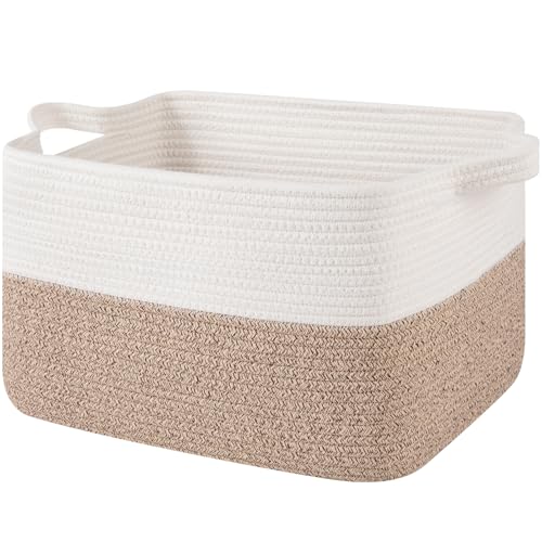 OIAHOMY Woven Storage Basket for Shelves, Rectangle Cotton Rope Baskets for Organizing, 16 x 12 x 10 in, Storage Bins for Dog Toys,Towel,Books,Gift,Brown and White - color: Brown and White, size: 16"x12"x10"