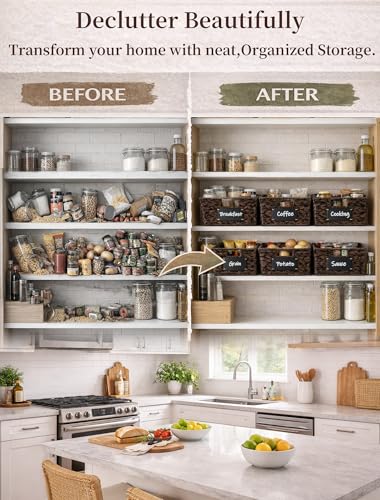 Pantry Organizers and Storage, Water Hyacinth Storage Baskets for Shelves, Brown Baskets for Organizing, Pantry Baskets with Chalkboard Labels and Marker - color: Brown