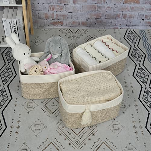 Cotton Rope storage Basket Bins Woven Basket for Organizing Shelves 15X10X9.3" Rectangle Decorative Baskets For storage Clothes Toys Books Towels Nursery basket organizer 3 pack white and brown - color: white and brown