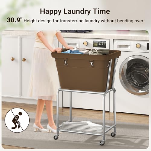 ELYKEN Rolling Laundry Hamper with Wheels, Laundry Cart with Removable Bag, Heavy Duty Metal Frame, 2-Tier Clothes Basket Hamper with Shelf for Closet, Bedroom, Bathroom, Laundry Room, Camel Brown - color: Camel Brown, size: 20.3"l X 15.9"w X 30.9"h