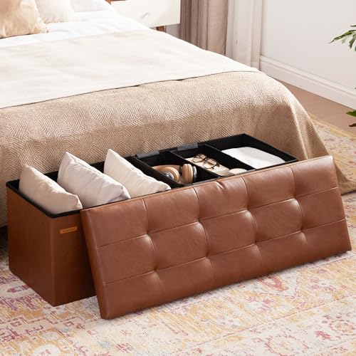 HAUSFRAU Storage Ottoman Bench with Flipping Lid, 43.3 Inches Storage Chest Footsrest, Folding Foot Stool for Entryway, Living Room, Bedroom, Synthetic Leather Retro Brown - color: Retro Brown, size: 15"D x 43.5"W x 15"H