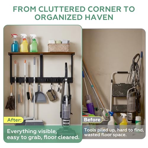 Novabright Heavy Duty Broom Holder Wall Mount with Cleaning Supplies Organizer, 27 Inch Laundry Room Shelf Broom and Mop Organizer Wall Hanging with Mop Hanger, Vacuum Grip Hooks, for Home Garage