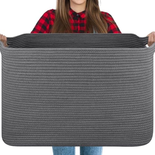 OIASKET 118L Extra Large Blanket Basket, 24.8"x17.7"x16.2" Woven Rope Baskets for Storage, Nursery Blanket Storage for Living Room, Toy Basket with Handle Organizing Comforter Cushions Pillows, Grey - color: Dark Grey
