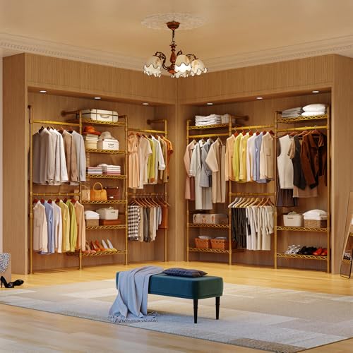 ONBRILL H3 Wall Mounted Closet System, Expandable Industrial Pipe Clothes Rack Clothing Rack for Hanging Clothes, Heavy Duty Closet Organizers and Storage in Wardrobe Closet, Gold - color: Gold