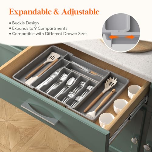 Lifewit Utensil Organizer for Kitchen Drawer, Expandable Cooking Silverware Tray, Adjustable Cutlery Flatware Holder, Plastic Spatula Tools Storage Divider, 13-22.4 x 15", Gray - color: Gray, size: XL (13-22.4"W × 15"D )