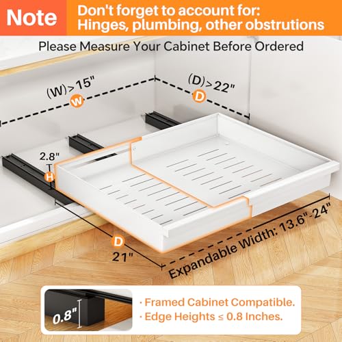 Pull out Cabinet Organizer, 2-Pack Expandable(13.6"-24") Silde out Drawers with Raising Pad for Framed Cabinets, Adjustable Full-Extension Adhesive Roll out Shelves for Kitchen Pantry Home Pot and Pan - color: White, size: (13.6''-24'')Wide-21''Deep (2Pac