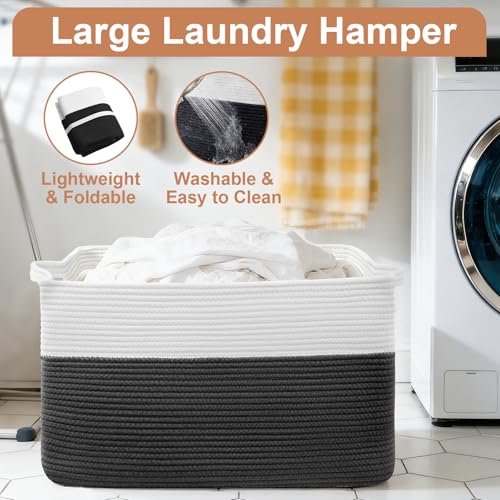 75L Large Blanket Basket, Rectangular Cotton Rope Basket, Laundry Hamper for Blankets, Pillows, Extra Large Toys Storage Bins for Kids, Dogs 22" x 17" x 12", White & Black - color: Black & White, size: 22" x 17" x 12"